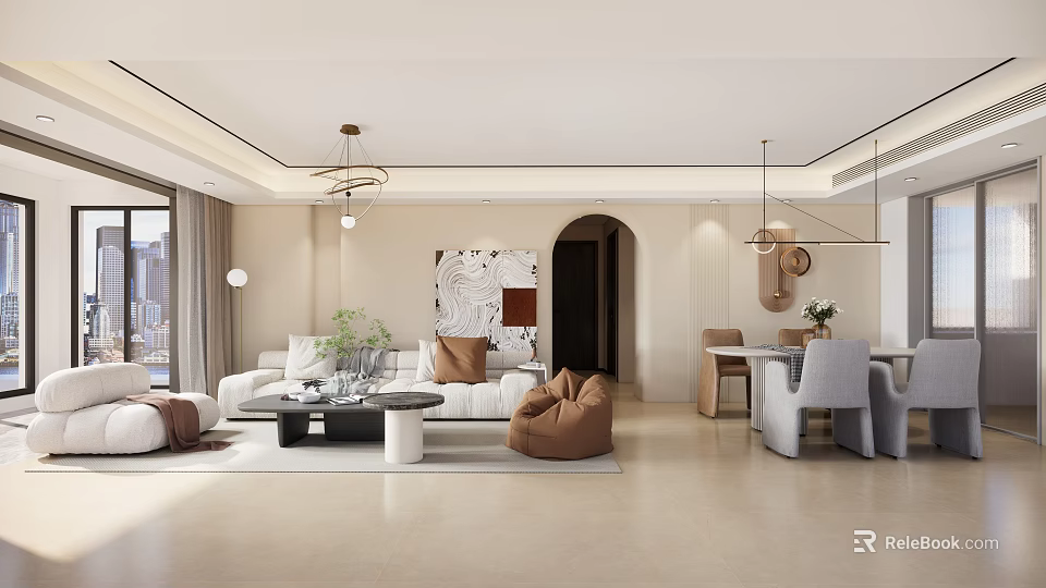 Modern Living Dining Room With White Sofa Brown Bean Bag Pendant Lights And Dining Table 3d model 