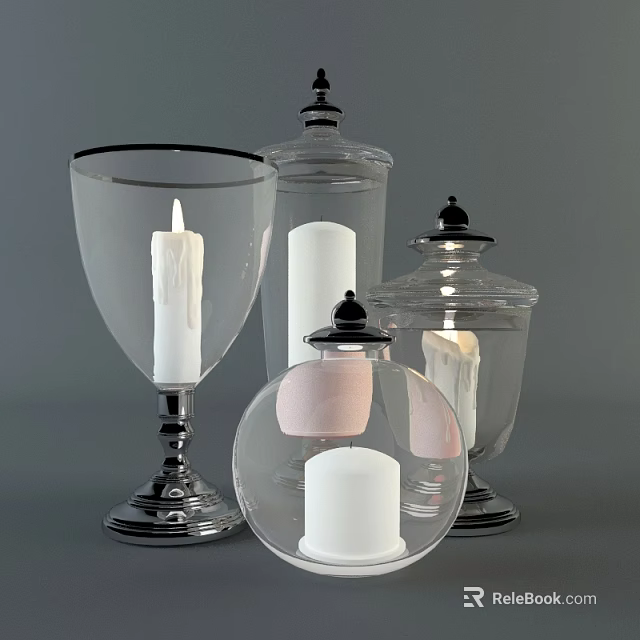 Elegant Glass Candle Lamps With Various Designs Lid And White Candle For Home Decor 3d model 