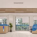 Modern Hotel Lobby With Large Blue Digital Screen Blue Sofas Wooden Decor And Green Plants