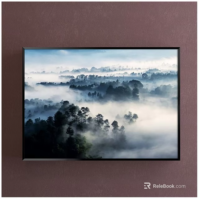 Misty Forest Landscape Painting With Dense Trees And Morning Fog Over Distant Hills 3d model 