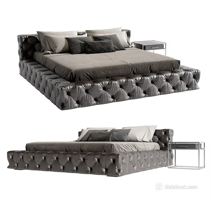 Modern Tufted Leather Double Bed With Plush Pillows And Bedside Table 3d model 