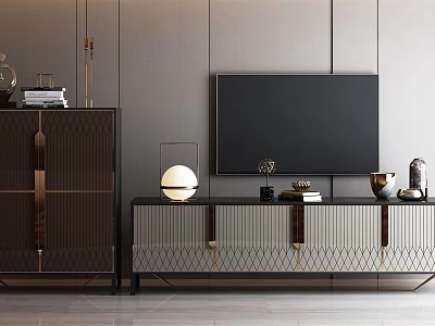 Contemporary TV Stand With Grid Design And Metal Accents Holding Decorative Items Books And Lamp 3d model