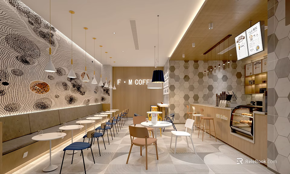 F M Coffee Shop Interior With Hexagonal Pattern Wall Hanging Pendant Lights And Round Tables 3d model 
