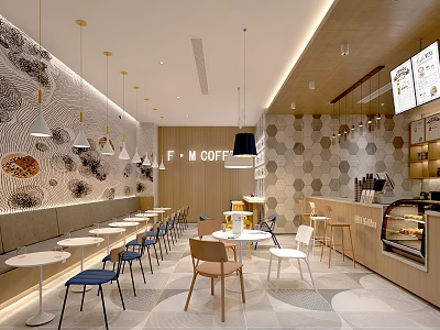 F M Coffee Shop Interior With Hexagonal Pattern Wall Hanging Pendant Lights And Round Tables 3d model