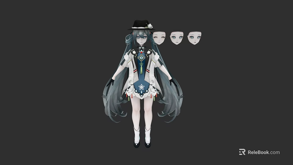 Anime Style Game Movie Character With Long Hair Hat Decorative Outfit And Multiple Face Models 3d model 