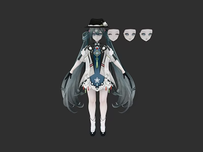 Anime Style Game Movie Character With Long Hair Hat Decorative Outfit And Multiple Face Models 3d model