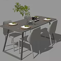 Modern Dining Table Set With White Table Grey Chairs And Green Plant Decor 3d model