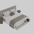 Modern Double Bed With Upholstered Linen Headboard Plush Pillows And Wooden Nightstand