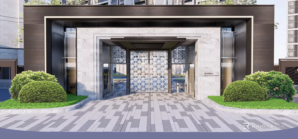 Modern Entrance Gate With Stone Walls Metal Grille Glass Doors And Green Plants 3d model 