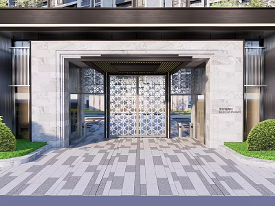 Modern Entrance Gate With Stone Walls Metal Grille Glass Doors And Green Plants 3d model