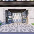 Modern Entrance Gate With Stone Walls Metal Grille Glass Doors And Green Plants