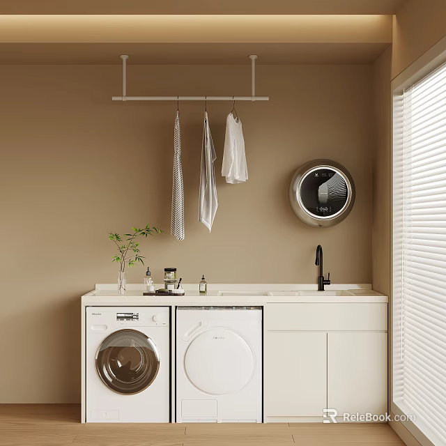 Balcony Cabinet With Washing Machine Dryer White Design Hanging Clothes Sink And Mirror 3d model 