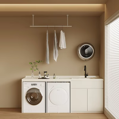 Balcony Cabinet With Washing Machine Dryer White Design Hanging Clothes Sink And Mirror 3d model