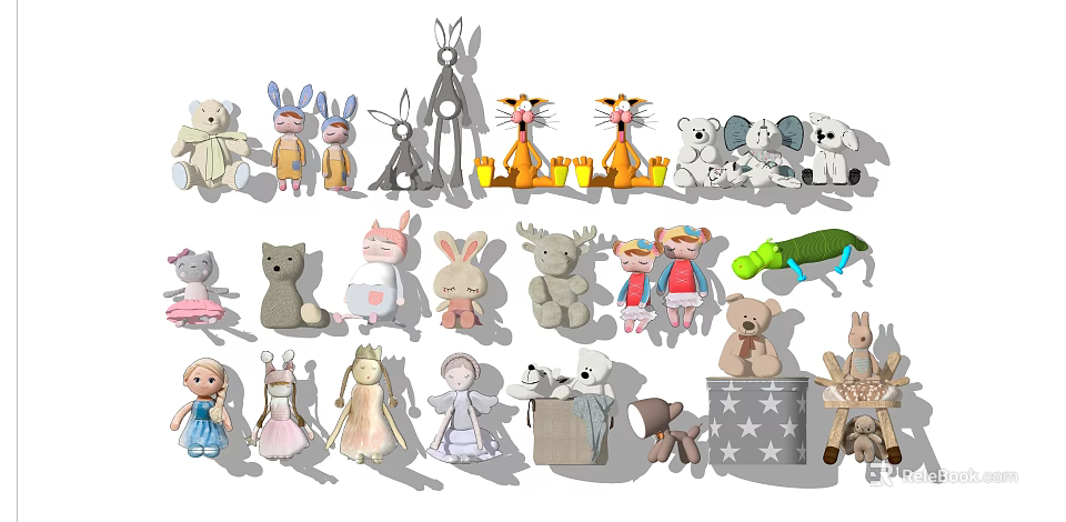 Cute Stuffed Toys Collection Featuring Bunnies Bears Cats And Dolls 3d model 