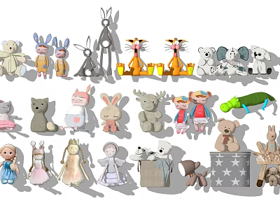 Cute Stuffed Toys Collection Featuring Bunnies Bears Cats And Dolls 3d model