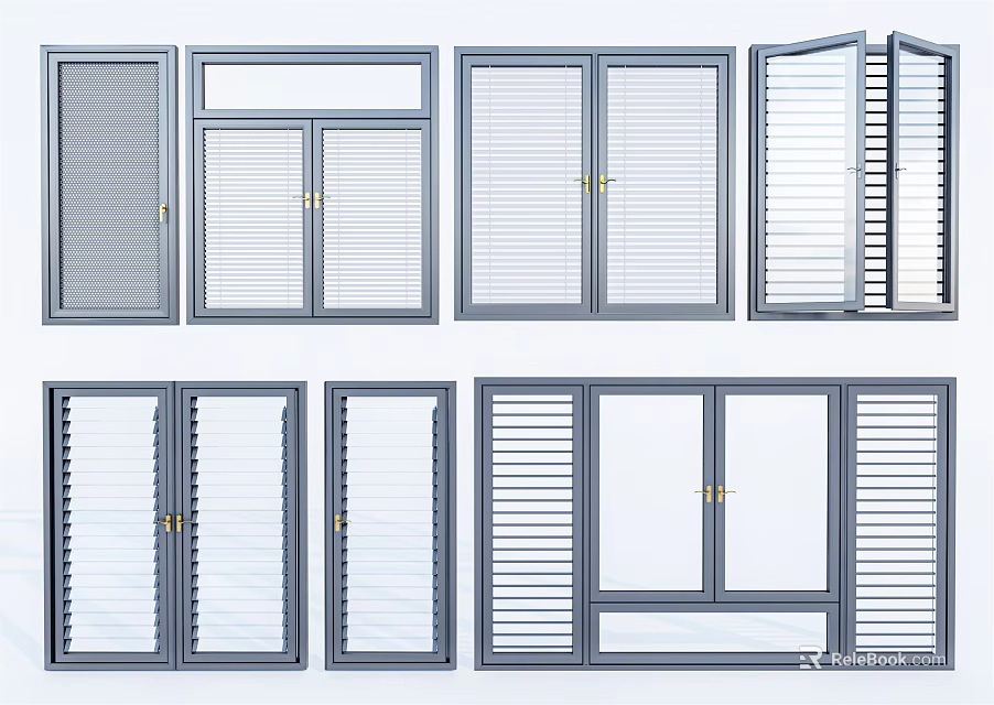 Different Types Of Window Designs With Shutter Panels And Open Features 3d model 