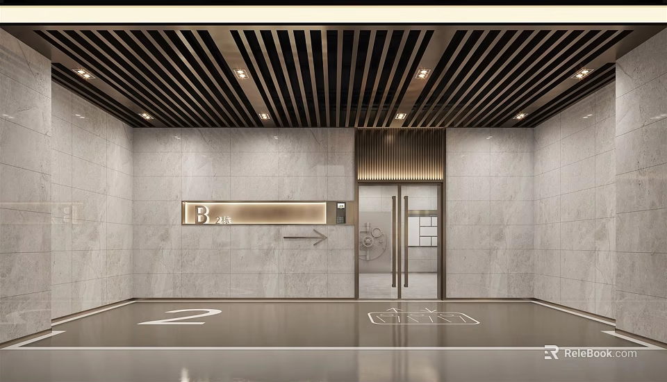 Modern Hotel Lobby Interior With Marble Walls Wooden Ceiling Slats And Glass Doors 3d model 