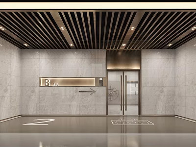 Modern Hotel Lobby Interior With Marble Walls Wooden Ceiling Slats And Glass Doors 3d model