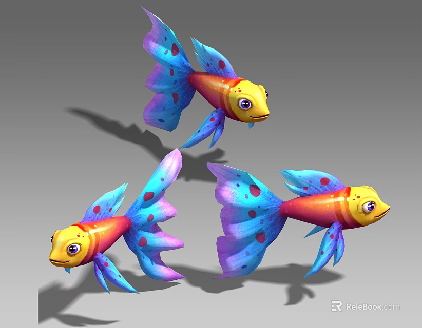 Three Colorful Aquatic Fish With Yellow Red Bodies Purple Blue Fins And Red Spots 3d model 