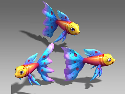 Three Colorful Aquatic Fish With Yellow Red Bodies Purple Blue Fins And Red Spots 3d model