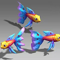 Three Colorful Aquatic Fish With Yellow Red Bodies Purple Blue Fins And Red Spots