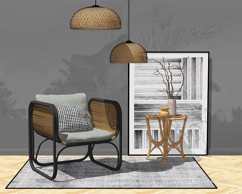 Modern Rattan Leisure Chair With Black Metal Frame Gray Checkered Cushion And Wooden Side Table 3d model 