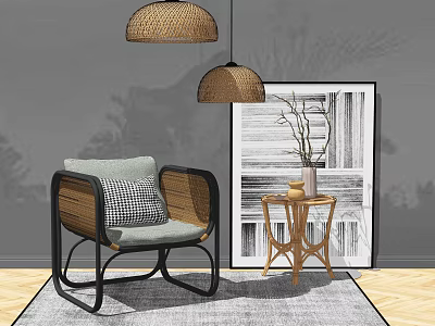 Modern Rattan Leisure Chair With Black Metal Frame Gray Checkered Cushion And Wooden Side Table 3d model