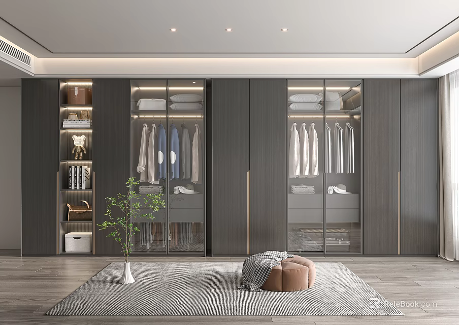 Modern Wardrobe Interior Design With Glass Doors Hanging Clothes And Green Plant 3d model 
