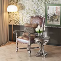 Brown Leather Armchair With Floor Lamp Small Side Table And Wall Painting On Floral Wallpaper