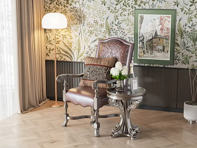 Brown Leather Armchair With Floor Lamp Small Side Table And Wall Painting On Floral Wallpaper 3d model