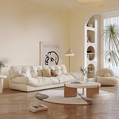 Modern Cream Two Seater Sofa Living Room With Matisse Art Floor Lamp And Green Plant 3d model
