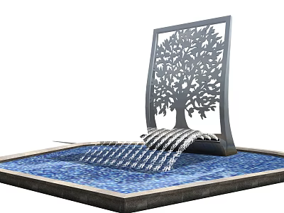 Modern Fountain with Tree Shaped Cutout Design Square Basin and Cascading Water Flow Metal Frame 3d model