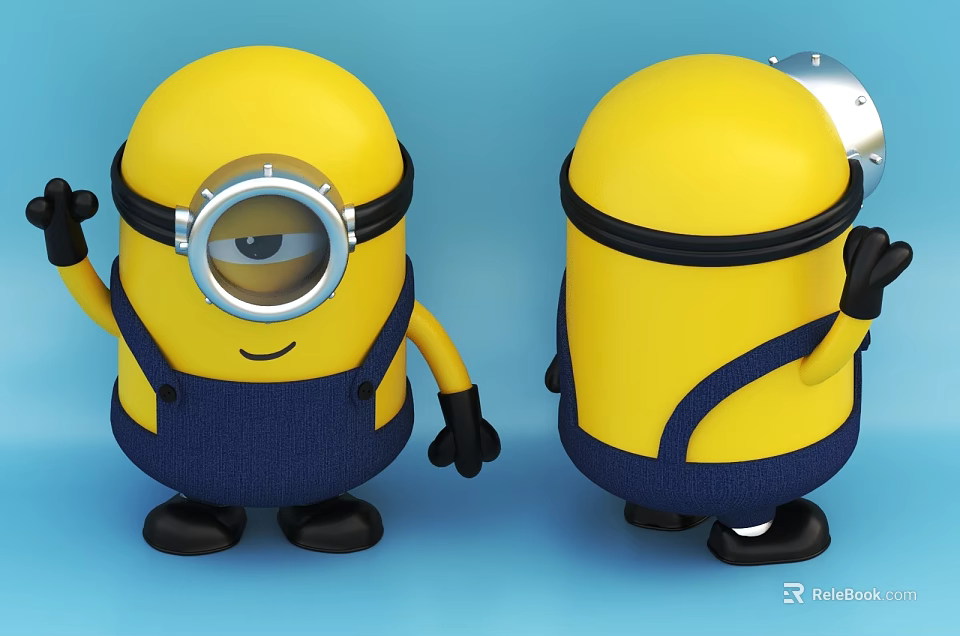 Animated Movie Characters Minions With Yellow Body Blue Overalls And Waving Hands On Blue Background 3d model 