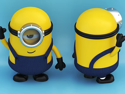 Animated Movie Characters Minions With Yellow Body Blue Overalls And Waving Hands On Blue Background 3d model