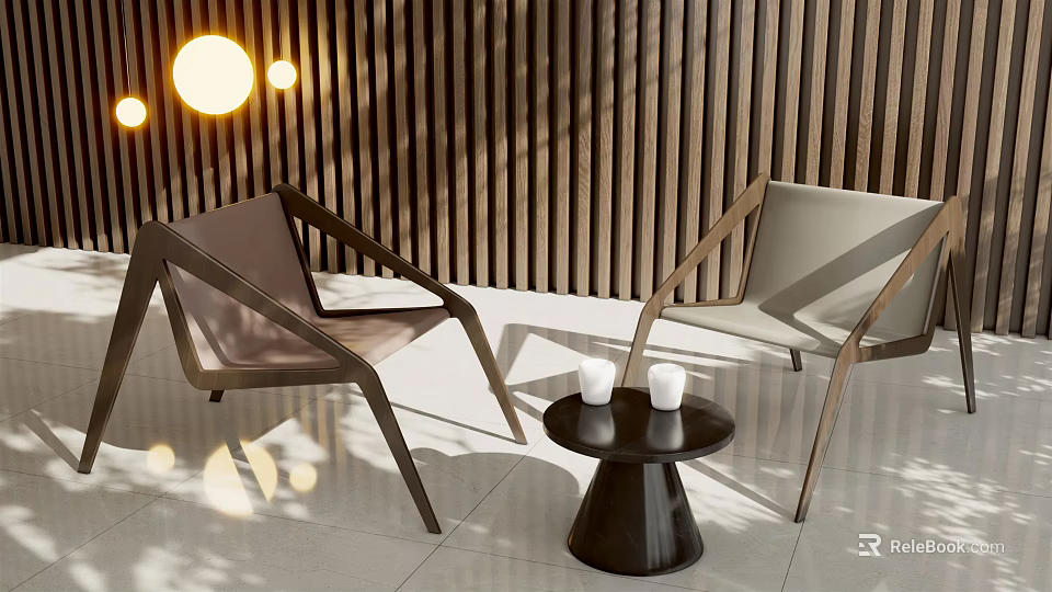 Stylish Modern Table and Chair Set with Round Table White Cups and Wooden Slat Wall 3d model 