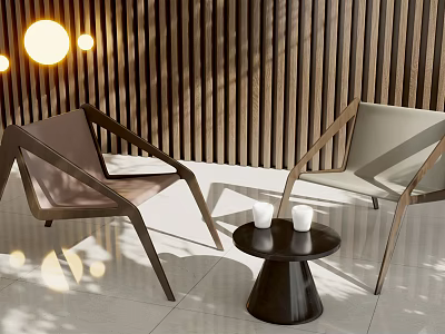 Stylish Modern Table and Chair Set with Round Table White Cups and Wooden Slat Wall 3d model