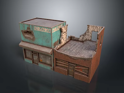 Weathered Abandoned Tailor Shop Model Scene Featuring Blue Green Brown Structure And Broken Roof 3d model
