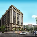 Modern Multi Story Office Building Exterior With Large Glass Windows Illuminated Facade And Surrounding Trees