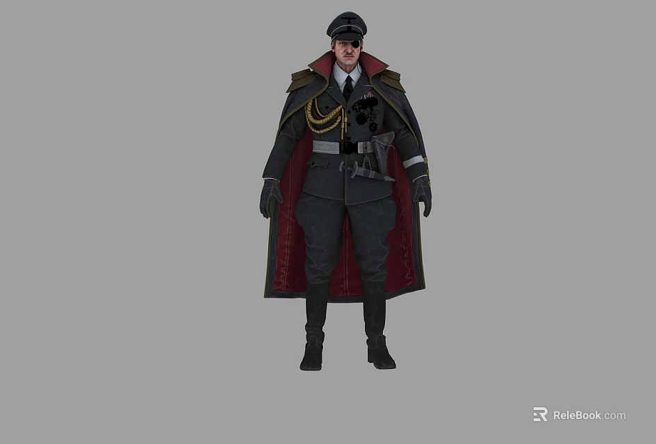 Man in Military Style Outfit With Hat Long Red Lined Cape Belt and Decorative Details 3d model 