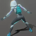 Hooded Masked Game Movie Character In Teal Green Bodysuit Action Ready Pose With Glowing Elements