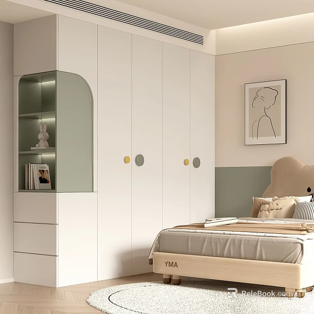 Modern Minimalist White Light Green Wardrobe With Arched Glass Cabinet And Round Brass Handles 3d model 