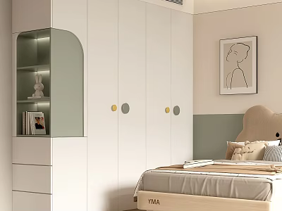 Modern Minimalist White Light Green Wardrobe With Arched Glass Cabinet And Round Brass Handles 3d model