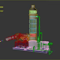 Industrial Processing Equipment With Cylindrical Tower Green Pump And Metal Pipes