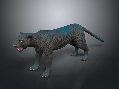 3D Leopard Model with black spots blue sheen standing open mouth exposed teeth gray background 3d model
