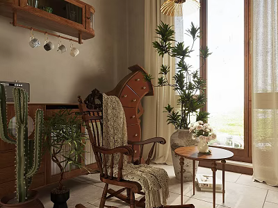 Wooden Rocking Chair With Blanket In Cozy Indoor Space With Green Plants And Natural Light 3d model