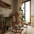 Wooden Rocking Chair With Blanket In Cozy Indoor Space With Green Plants And Natural Light