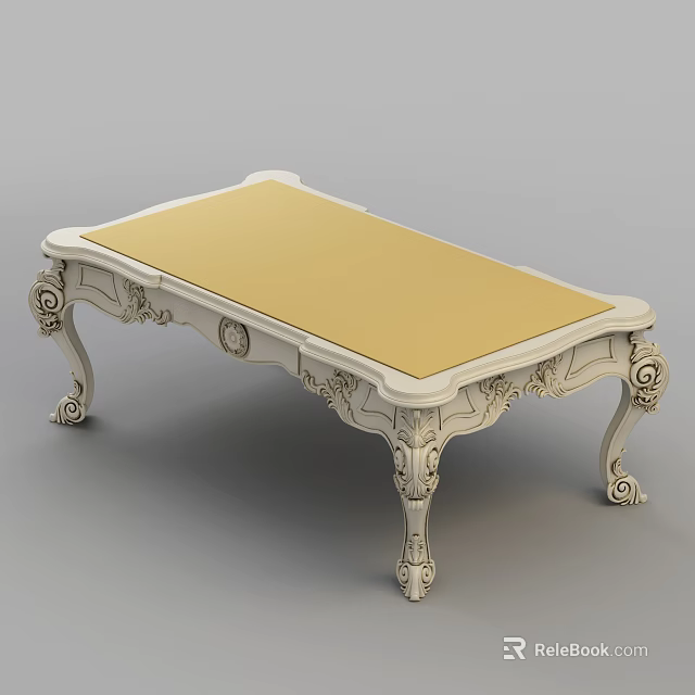 Ornate Classical Coffee Table With White Carved Frame And Golden Tabletop 3d model 