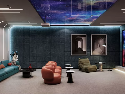 Luxurious Home Theater Interior With Starry Sky Ceiling Blue Walls Sofas Decorative Paintings And Projector 3d model