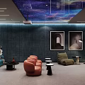 Luxurious Home Theater Interior With Starry Sky Ceiling Blue Walls Sofas Decorative Paintings And Projector