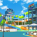 Tropical Garden Landscape with Palm Trees Pool Colorful Umbrellas Water Slides Dome Structure and Greenery